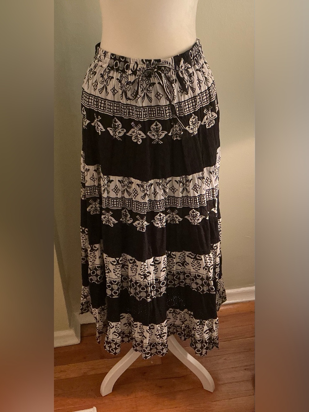 Bohemian Black & White Tiered Maxi Skirt with Elastic Waist Size Small